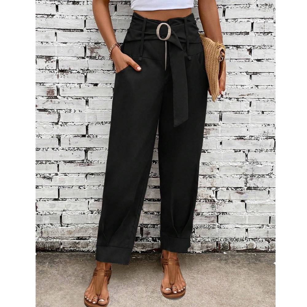 Classic High Waisted Pockets Pleated Hem Trouser Pants